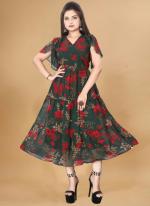 Georgette Green Casual Wear Printed Readymade Gown